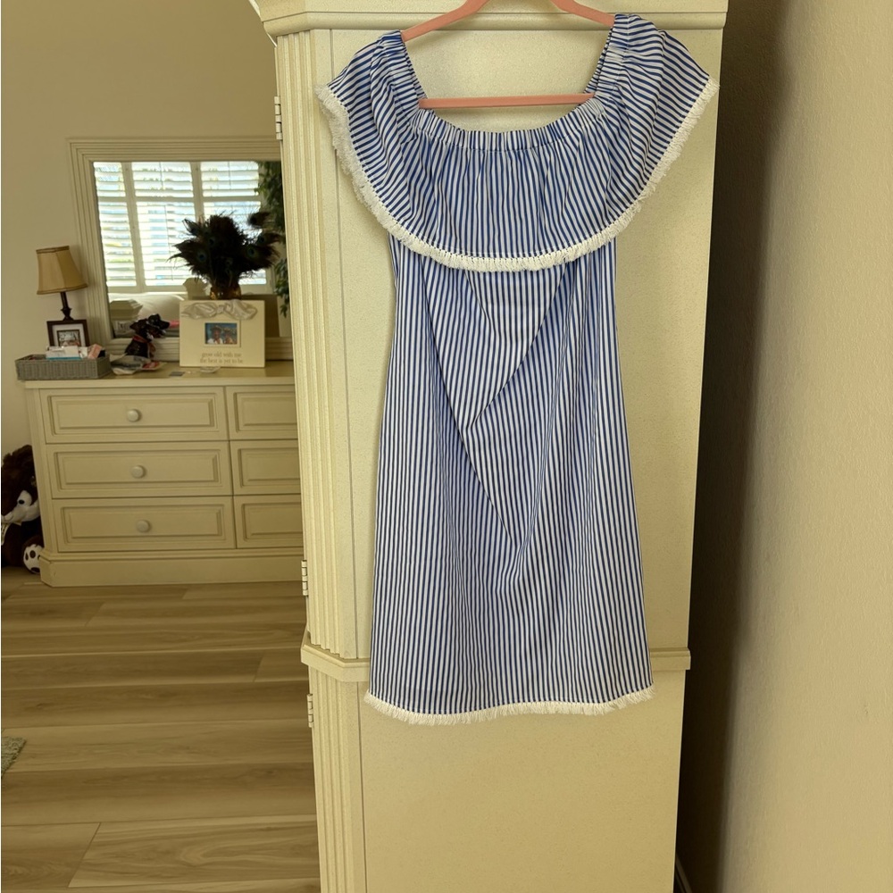 EUC SAIL TO SABLE Royal Blue and White Striped Off-Shoulder Dress Size S